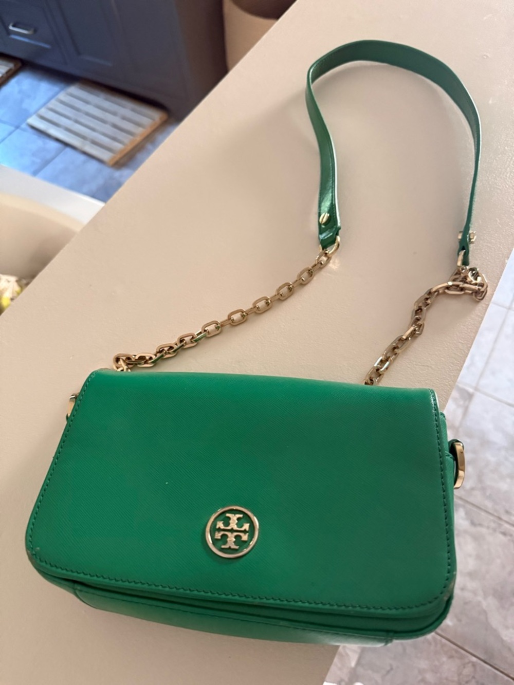 Tory Burch Emerald Green Leather Chain Crossbody